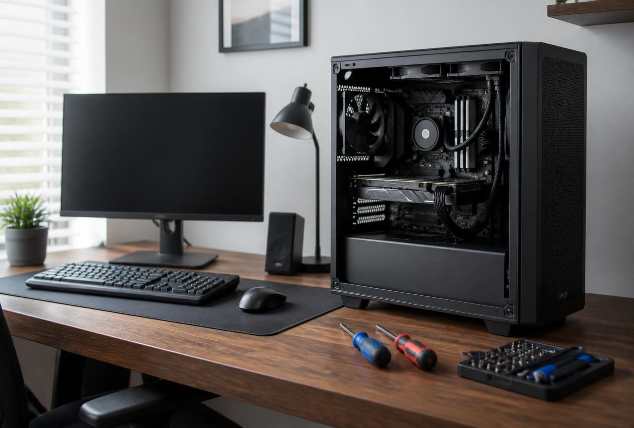 Aufgeräumter Arbeitsplatz mit Laptop und PC-Technik