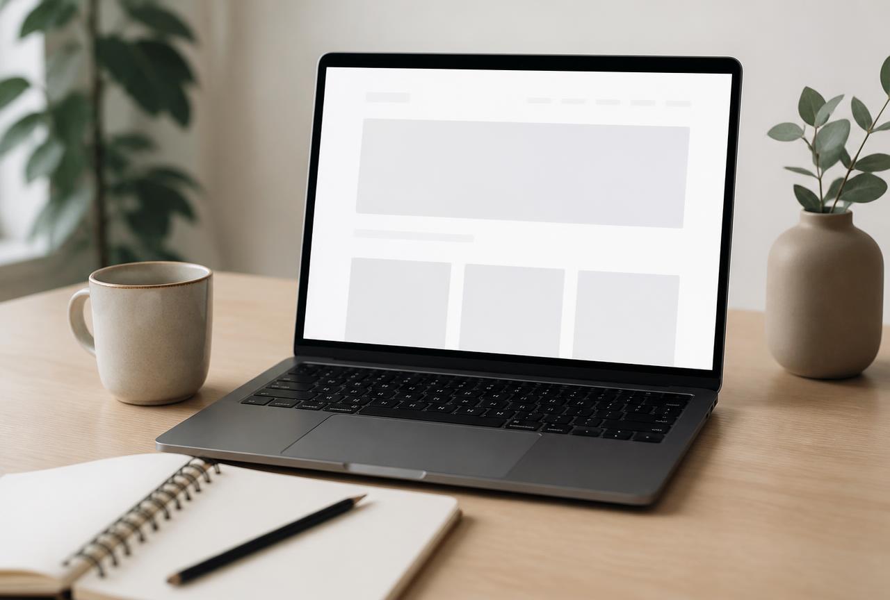 Laptop mit moderner, responsiver Website-Darstellung auf einem hellen Schreibtisch